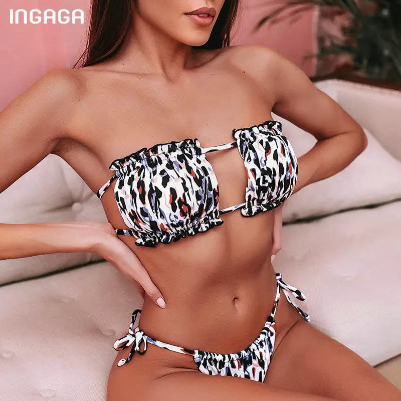 

INGAGA Sexy Bandeau Bikinis Thong High Leg Swimwear Women Ruched Cut Out Biquini Leopard 2020 Swimsuit Summer Beachwear