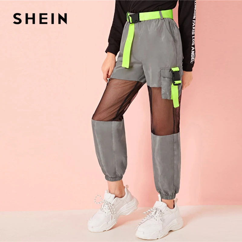 

SHEIN Kiddie Girls Neon Buckle Mesh Insert Wind Belted Cargo Pants Kids 2019 Autumn Grey Elastic Waist Pocket Side Trousers