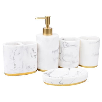 Bathroom Accessories Set, 5 Pieces Bath Ensemble, Bath Set Collection Marble Pattern Soap Dispenser Pump, Toothbrush Holder, Soa
Bathroom Accessories Set, 5 Pieces Bath Ensemble, Bath Set Collection Marble Pattern Soap Dispenser Pump, Toothbrush Holder, Soa