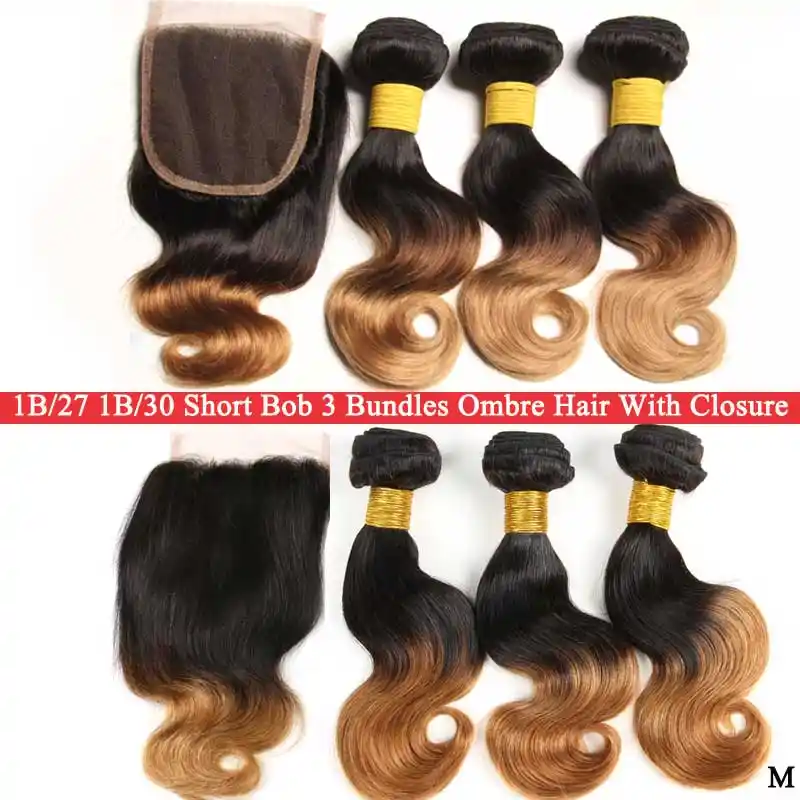 Short Bob Ombre Body Wave 3 Bundles With Closure Brazilian Hair