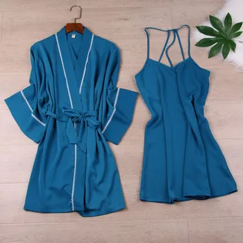 Women Blue Satin Nighty&Robe Set 2PCS Nightwear Female Sleepwear Kimono Gown Silky Bathrobe Intimate Lingerie Casual Homewear
Women Blue Satin Nighty&Robe Set 2PCS Nightwear Female Sleepwear Kimono Gown Silky Bathrobe Intimate Lingerie Casual Homewear