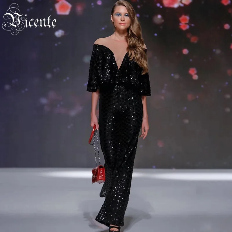 

Vicente All Free Shipping 2019 New Chic Cloak Sleeves O Neck Mesh Splicing Sequins Embellished Celebrity Party Long Dress