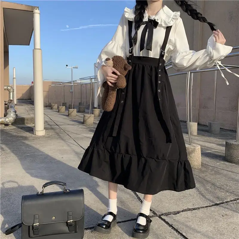 HOUZHOU-Falda larga de Lolita gótica para mujer, prenda de cintura alta con volantes, estilo Kawaii japonés, línea A, negra, suave, Harajuku, otoño