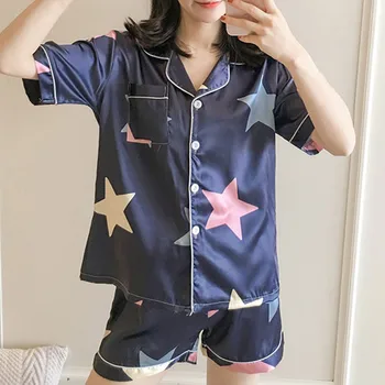 Summer Satin Pajamas Sleepwear Women Fashion Pentagram Printed Short Sleeve Shorts Pajamas Buttons Pockets Loose Sleepwear
Summer Satin Pajamas Sleepwear Women Fashion Pentagram Printed Short Sleeve Shorts Pajamas Buttons Pockets Loose Sleepwear