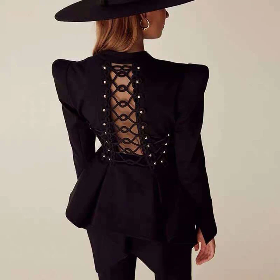 New 2019 Solid Black Fashion Handsome Coats and Jackets Women Beading Criss-cross Drawstring Hollow Out Slim Elegant Coat
New 2019 Solid Black Fashion Handsome Coats and Jackets Women Beading Criss-cross Drawstring Hollow Out Slim Elegant Coat