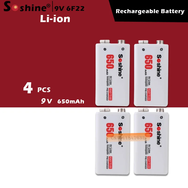 Soshine 4pc 650mAh 9V 6F22 Li-ion Lithium Rechargeable Battery for Electronic Smoke Guitar
Soshine 4pc 650mAh 9V 6F22 Li-ion Lithium Rechargeable Battery for Electronic Smoke Guitar