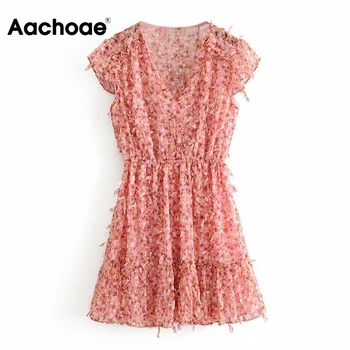 

Aachoae Floral Print Mini Dress Women Summer V Neck Boho Beach Dress Ruffle Short Sleeve Elastic Waist Chic Dresses Sundress