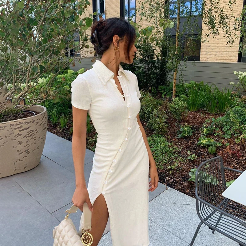 FREE SHIPPING Collared Button Midi Dress Slit Short Sleeve OUT0874