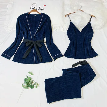 Women's Pajamas Chenille Solid 3 piece knitted Pajama Set Sexy Sling cardigan kimono Pijama Nightie Sleepwear Home Clothes 2020
Women's Pajamas Chenille Solid 3 piece knitted Pajama Set Sexy Sling cardigan kimono Pijama Nightie Sleepwear Home Clothes 2020
