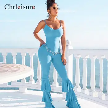 Women Fashion Long Jumpsuit Ruffles Pants Solid Sleeveless V-neck Party Bodysuit Elastic Skinny Rompers Feminina