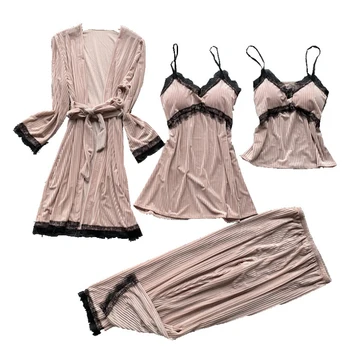 Silk Pajamas For Women Floral Appliques 4Pcs Pyjamas Set With Inserts Spring Summer Sexy Lace Pjs Sleepwear Home Clothes 
Silk Pajamas For Women Floral Appliques 4Pcs Pyjamas Set With Inserts Spring Summer Sexy Lace Pjs Sleepwear Home Clothes