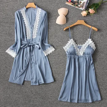 Gray Womens Pajamas Suit Kimono Sleep Gown Sleepwear 2pcs Robe Set Sexy Strap Top Nightwear Clothes Spring Home Dressing Dress 
Gray Womens Pajamas Suit Kimono Sleep Gown Sleepwear 2pcs Robe Set Sexy Strap Top Nightwear Clothes Spring Home Dressing Dress
