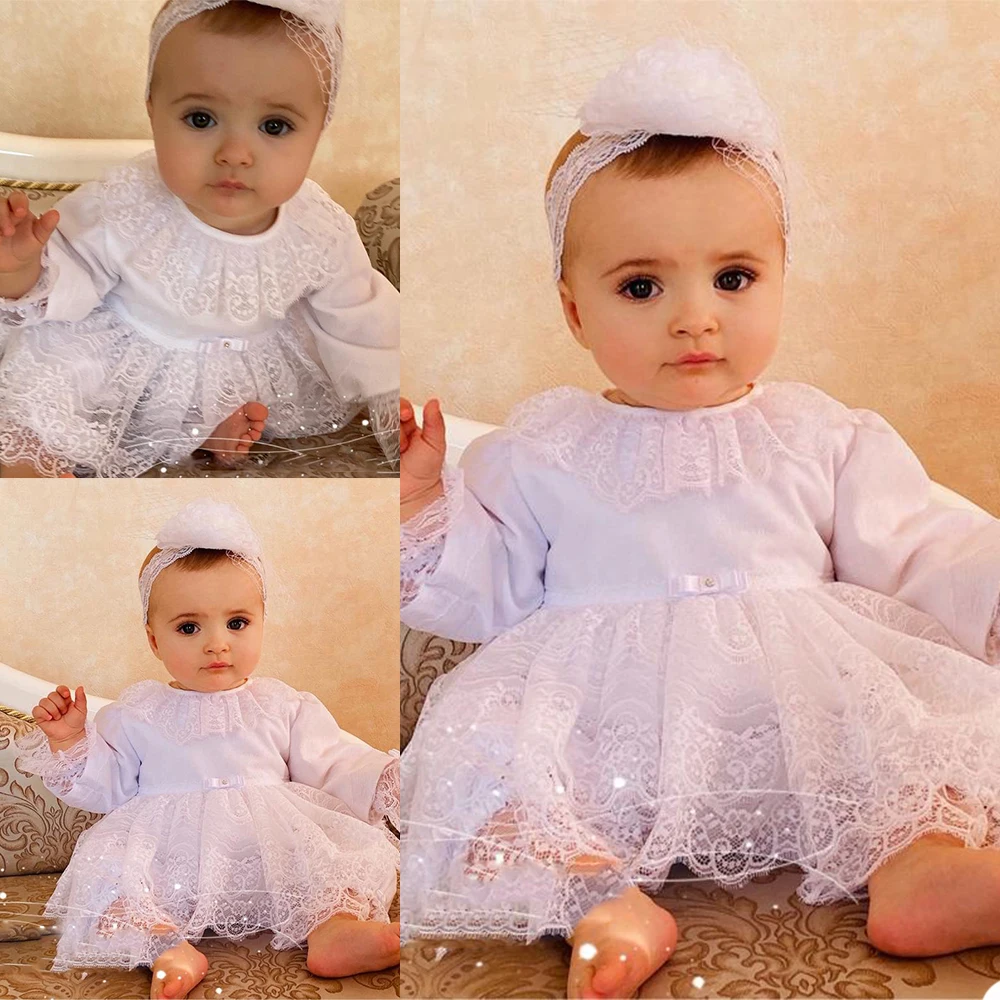 

2021 Cute Baby Christening Gowns For Little Girls Long Sleeve Appliques Baptism Dresses With Bonnet First Communication Dress