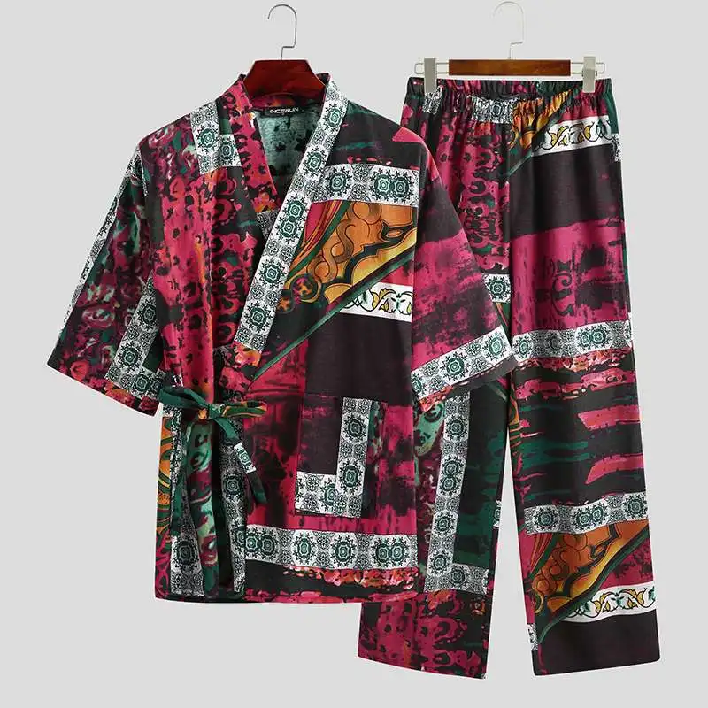 Men's Pajamas Sets Kimono Printed Cotton Half Sleeve V Neck Lace Up Sleepwear Pants Japanese Leisure Men Nightwear Suit INCERUN Men's Pajamas Sets Kimono Printed Cotton Half Sleeve V Neck Lace Up Sleepwear Pants Japanese Leisure Men Nightwear Suit INCERUN