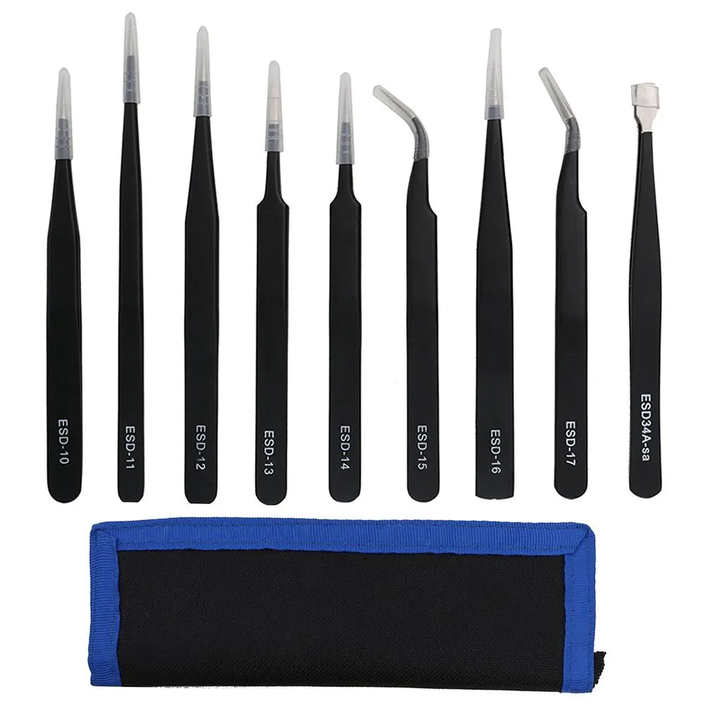 

9PCS ESD Stainless Steel Tweezers Kit Precision Anti-static Maintenance Tools for Electronics Jewelry Phone Repairing