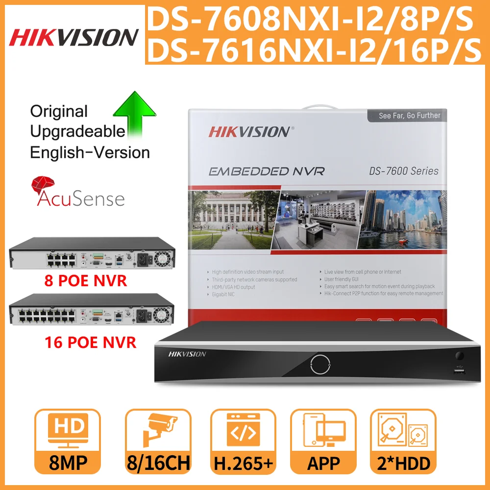 Hikvision AcuSense 4K NVR DS-7608NXI-I2/8 P/S DS-7616NXI-I2/16 8/16CH 2 SATA для IP-Камеры POE CCTV видеорегистратор H.265 +