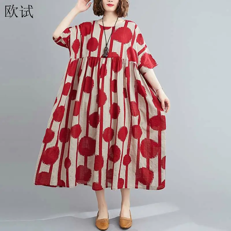 

Oversized Vintage Polka Dot Summer Dress Cotton Casual Ladies Dresses for Women New Fashion Robe Femme Red Long Dress 2022