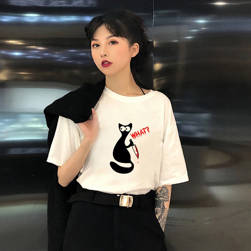 

Showtly O-Neck Short Sleeve Aesthetic Plus Size Fashion Tee Tops Funny Cool Black Cat White Knife Hipster T Shirt