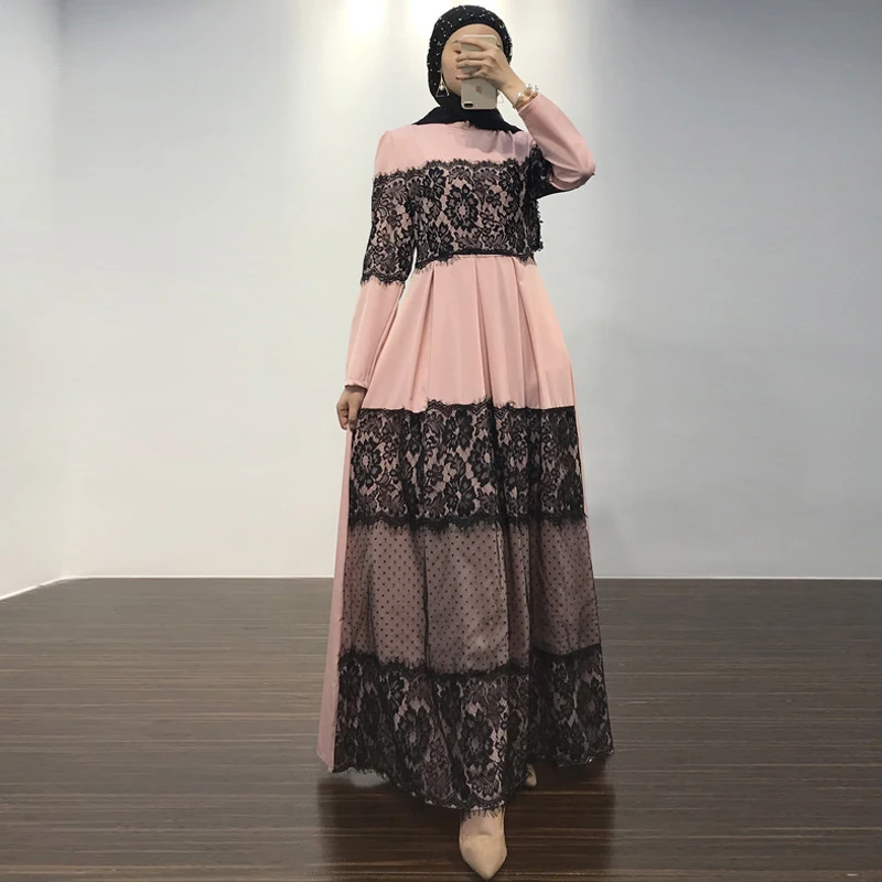 Черное кружево abaya розовый Дубайский мусульманский женское длинное платье Абая