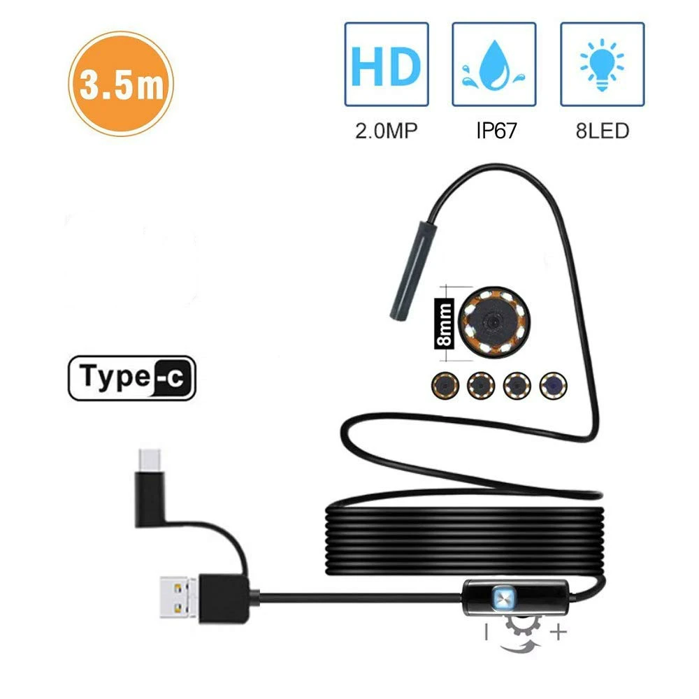 

2.0 MP HD Camera 1200P 8mm 1M 2M 5M Semi-Rigid USB Endoscope Type C Borescope Inspection Camera for Android Smartphone Windows