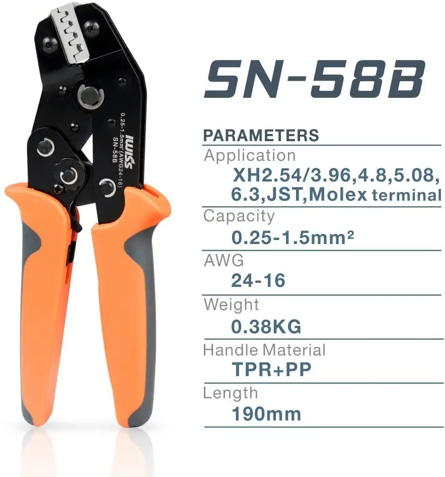 IWISS SN-58B crimping plier Ratchet Crimper tool 0.25-1.5mm²AWG24-16 for Dupont,TE,JST,Molex Terminal Wire-electrode cutting die IWISS SN-58B crimping plier Ratchet Crimper tool 0.25-1.5mm²AWG24-16 for Dupont,TE,JST,Molex Terminal Wire-electrode cutting die