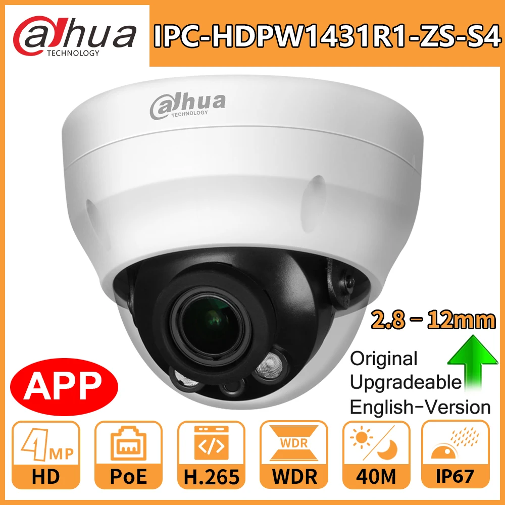 Dahua Original Mini Dome PoE IP Camera IPC-HDPW1431R1-ZS-S4 Zoom 2.8-12mm HD 4MP IR40M H.265 WDR 3D DNR BLC HLC IP67 Security
Dahua Original Mini Dome PoE IP Camera IPC-HDPW1431R1-ZS-S4 Zoom 2.8-12mm HD 4MP IR40M H.265 WDR 3D DNR BLC HLC IP67 Security