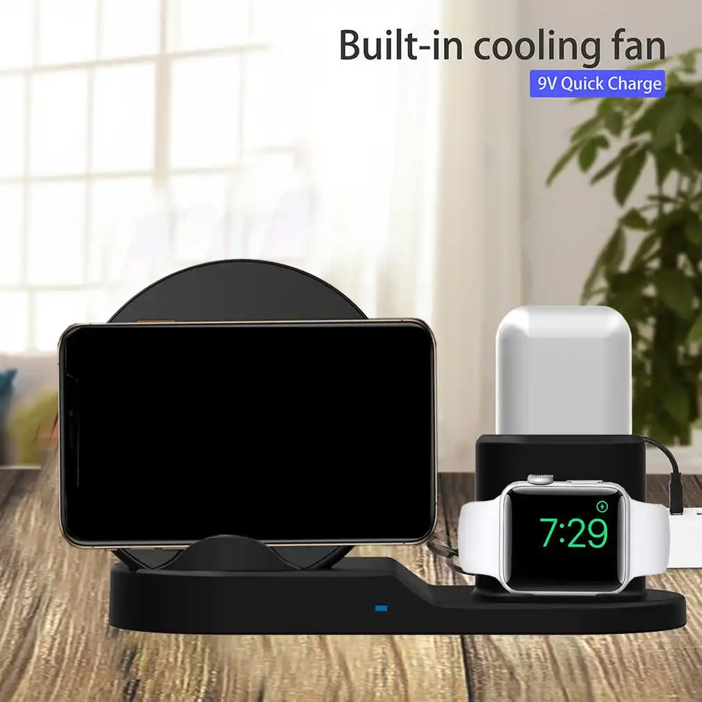 3-in-1 portable vertical double coil wireless charger with led