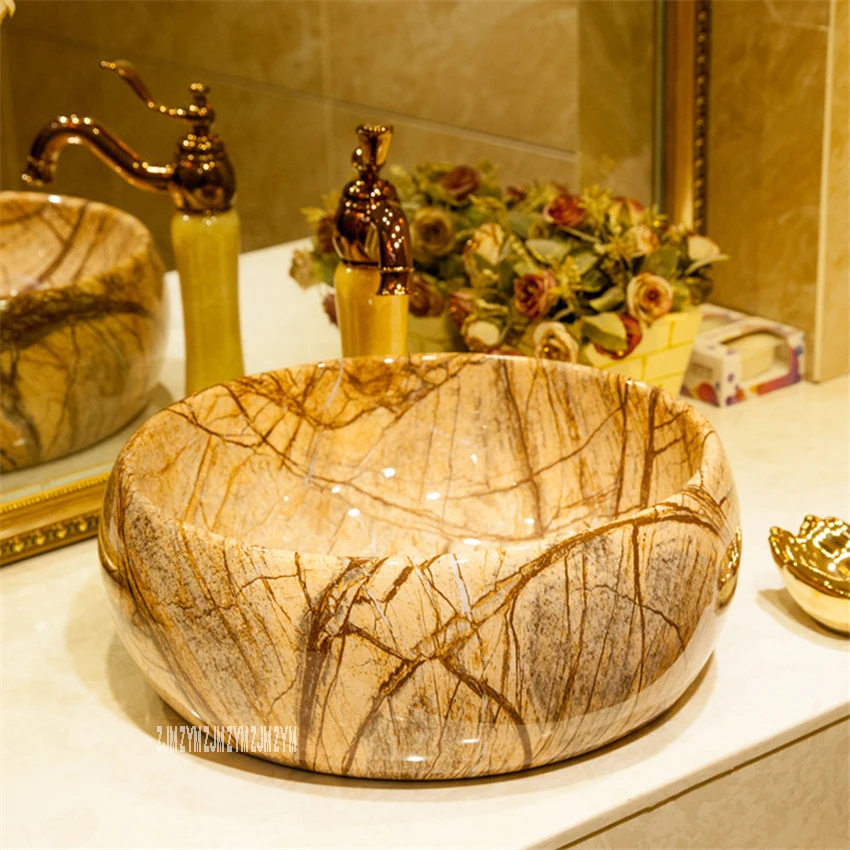 Bathroom Round Hand Wash Basin Art Tree-Texture Ceramics Sink Washing Room Bowl Toilet Single Hole Above Counter | Обустройство дома