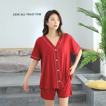 Summer Modal Plus Size Pajamas Women Cardigan Tops with Shorts Pajamas Set for Women Loose Home Sleepwear Lady Pyjamas
Summer Modal Plus Size Pajamas Women Cardigan Tops with Shorts Pajamas Set for Women Loose Home Sleepwear Lady Pyjamas