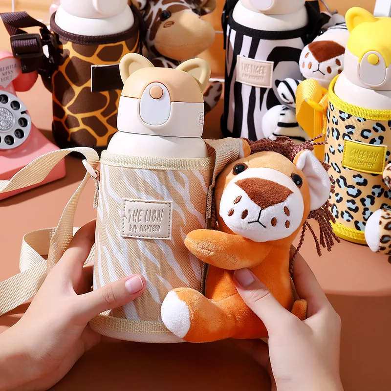 

530ml Cute Cartoon Plush Doll Thermos Bottle With Cover Kids Cup Thermal Stainless Steel Straw Insulated Tumbler Christmas Gifts