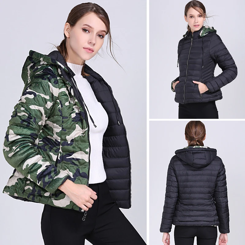 Women Reversible Jacket Solid Camouflage Print Down Jacket Woman Hooded Drawstring Winter Pockets Zipper Slim Parkas Outerwear
Women Reversible Jacket Solid Camouflage Print Down Jacket Woman Hooded Drawstring Winter Pockets Zipper Slim Parkas Outerwear