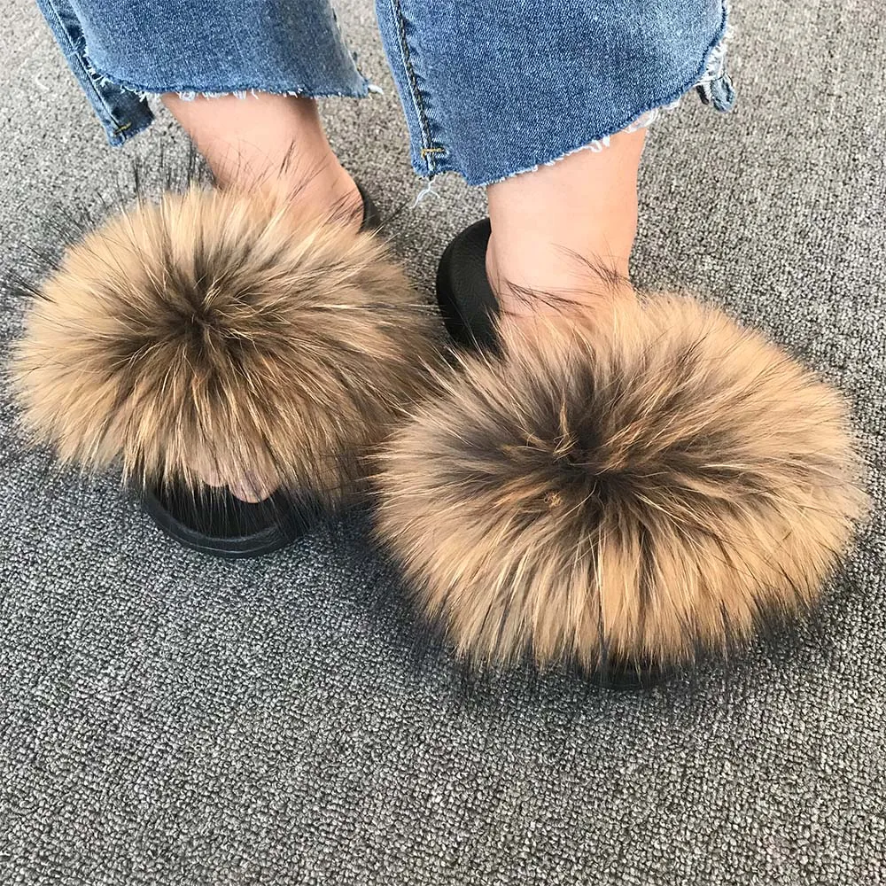 

Summer Sexy Female Fox Fur Slippers Furry flip-flops Woman fluffy Slides Multi Color Sandals fluffy flip flops Size EVA Shoes