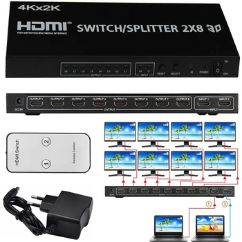 4K 3D 2X8 HDMI Switch Splitter 4kx2k Video Converter Switcher Adapter 2 In 8 Out for PS4 DVD Computer PC Security Monitor To TV
4K 3D 2X8 HDMI Switch Splitter 4kx2k Video Converter Switcher Adapter 2 In 8 Out for PS4 DVD Computer PC Security Monitor To TV
