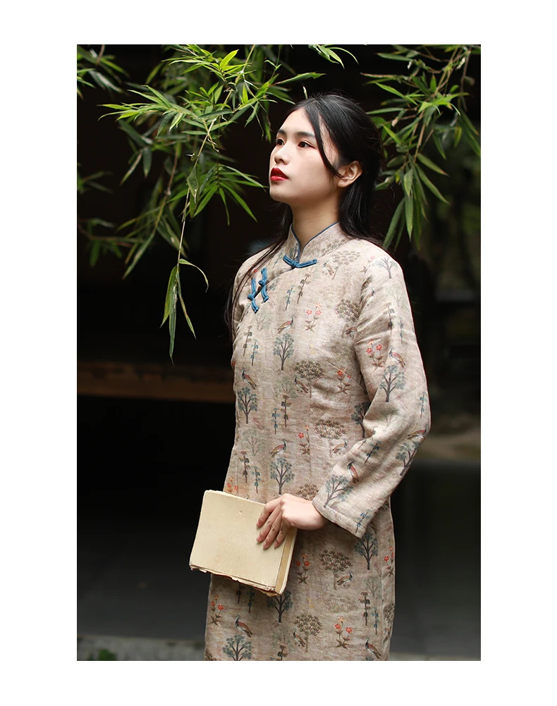 LZJN Long Sleeve Women Chinese Style Dress Stand Collar Vintage Cheongsam 2019 Winter Warm Fleece Qipao High Quality Dress (17)