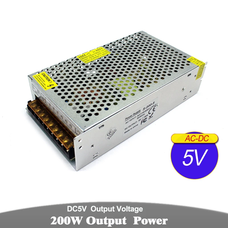 Universal DC Power Supply 5V 40A 200W Driver Transformers 110V 220V AC to DC5V Power Source For LED USB Strip Light CCTV
Universal DC Power Supply 5V 40A 200W Driver Transformers 110V 220V AC to DC5V Power Source For LED USB Strip Light CCTV