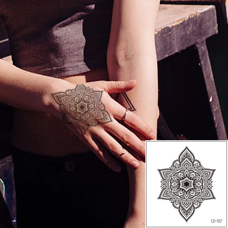 Черная Цветочная хна временная татуировка наклейка для боди-арта симметрия
