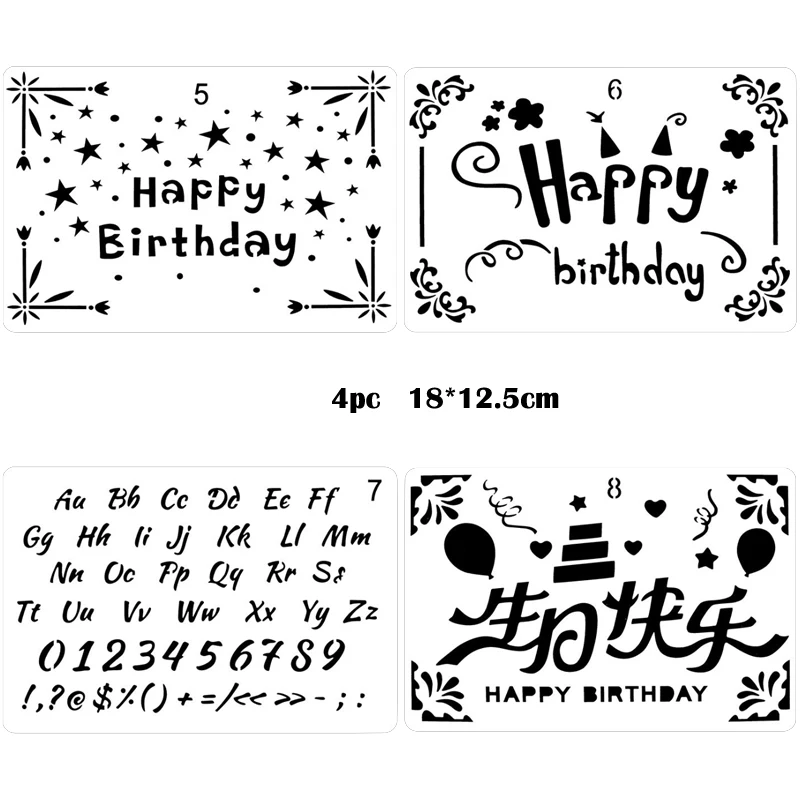 4pc Happy Birthday Painting Template DIY Scrapbook Diary Coloring Embossing Stencil Hosehold Decor Sjabloon Fotolijst Reusable
4pc Happy Birthday Painting Template DIY Scrapbook Diary Coloring Embossing Stencil Hosehold Decor Sjabloon Fotolijst Reusable