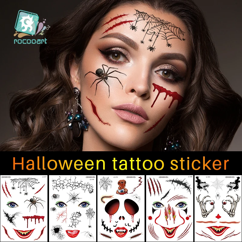 

Rocooart Halloween Face Tattoo Terror Spider Fake Tatoo Scar Mask Temporary Tattoo Sticker Makeup Party Tatouage Waterproof Taty