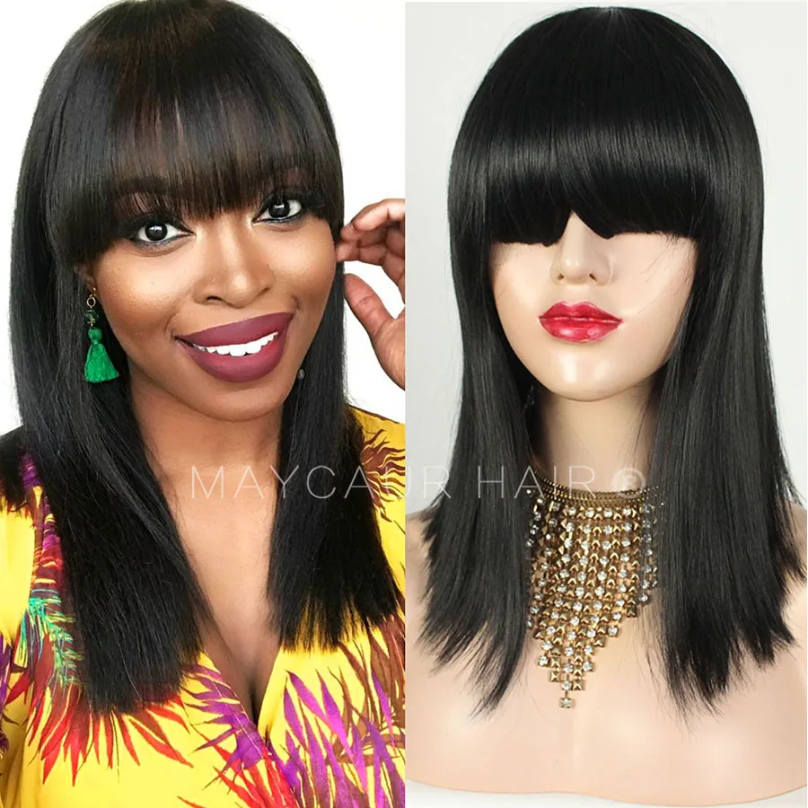 Maycaur Synthetic Wigs With Full Bangs Black Color Heat Resistant Fiber Hair None Lace Medium Size Short Bob Wig For Women (1)