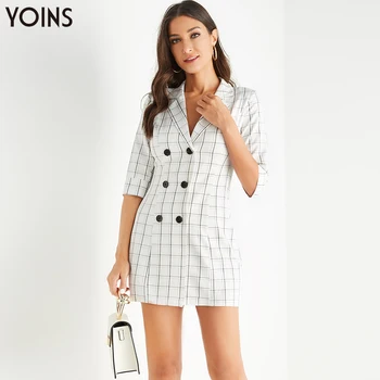 

YOINS 2020 Autumn Winter Womens Mini Dresses White Check Lapel Collar Button Double Breasted Half Sleeves Work Dress Elegant