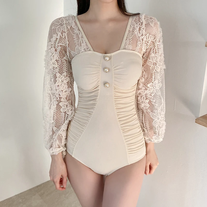 New Ruffled Pearl Button Beige Lace Flower Pattern Long Sleeve Elegant for Women's Swimwear 2021 Traje De Baño Saida De Praia
New Ruffled Pearl Button Beige Lace Flower Pattern Long Sleeve Elegant for Women's Swimwear 2021 Traje De Baño Saida De Praia
