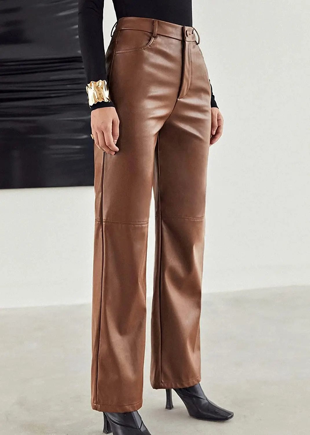 

Women Leather Pants High Waist Straight Slimming Side Pockets Solid Color Casual Party Fall Trousers Spring Autumn