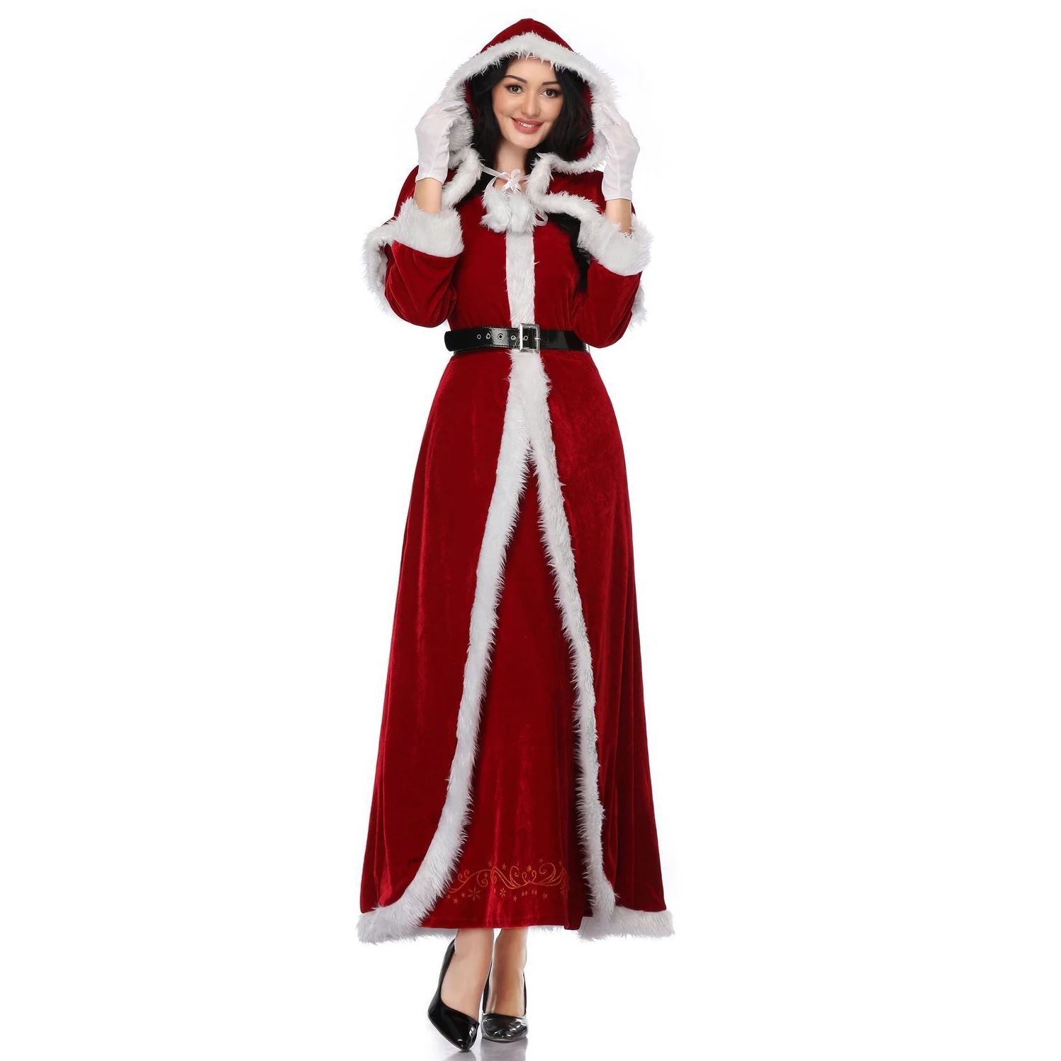 

Adult Cosplay Santa Claus Women's Red Flannel Long Dress Xmas Christmas Costumes Sexy Santa Dress Costume