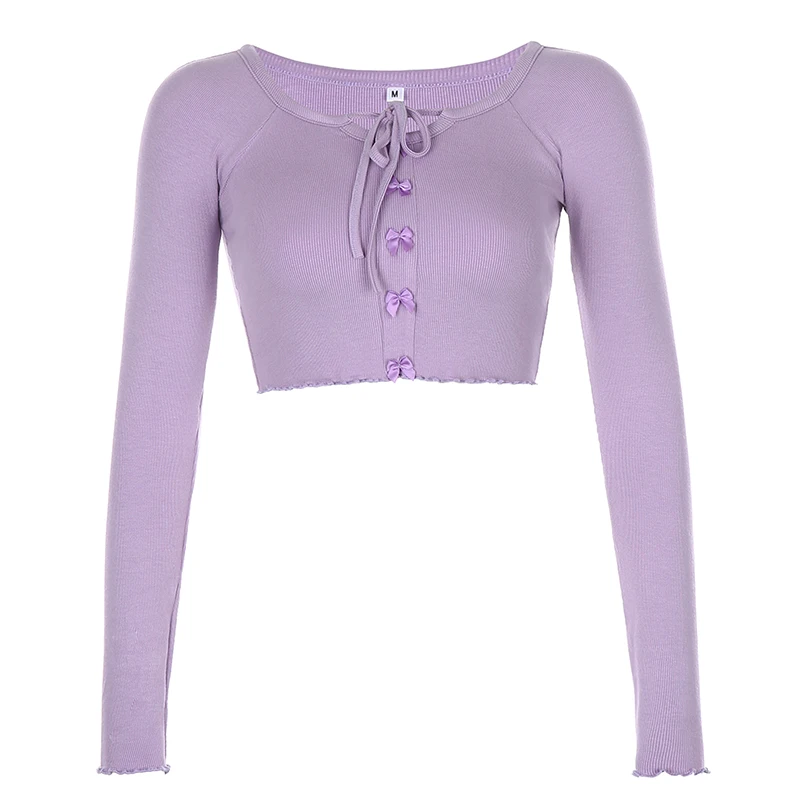 Darlingaga Crew Neck Bow Lace Up Woman T-shirts Purple Solid Slim Long Sleeve Autumn T shirt Casual Crop Tops Tee Shirts Korean