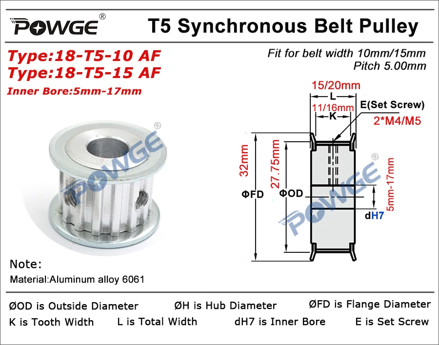 10pcs HTD5M 15T Aluminum Timing Pulley 5-10mm Bore 11/16/21mm width Belt Motor