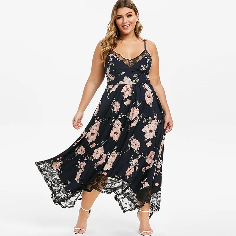 

ROSEGAL Plus Size Floral Print Lace Insert Handkerchief Dress Asymmetrical Spaghetti Strap High Waist Women V-Neck Sexy Dress