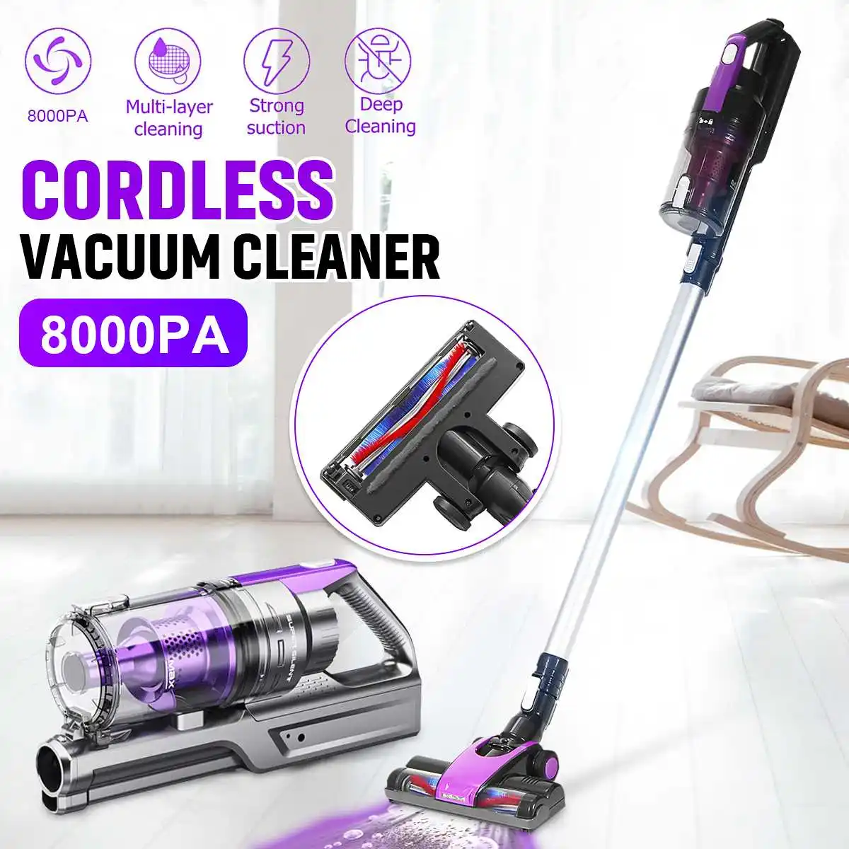 

120W Protable 2 In 1 Handheld Wireless Vacuum Cleaner 8000Pa Cyclone Filter Strong Suction Dust Collector Motorized Brush