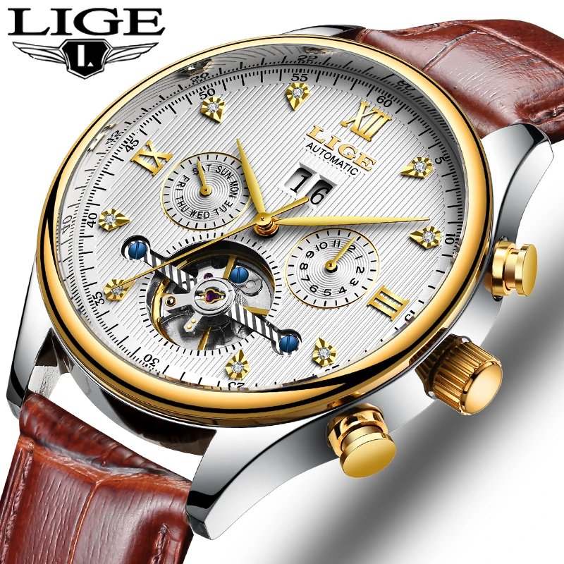 LIGE Brand Men Watches Automatic Mechanical Watch Tourbillon Sport Clock Leather Casual Business Wrist Gold Relojes Hombre | Наручные