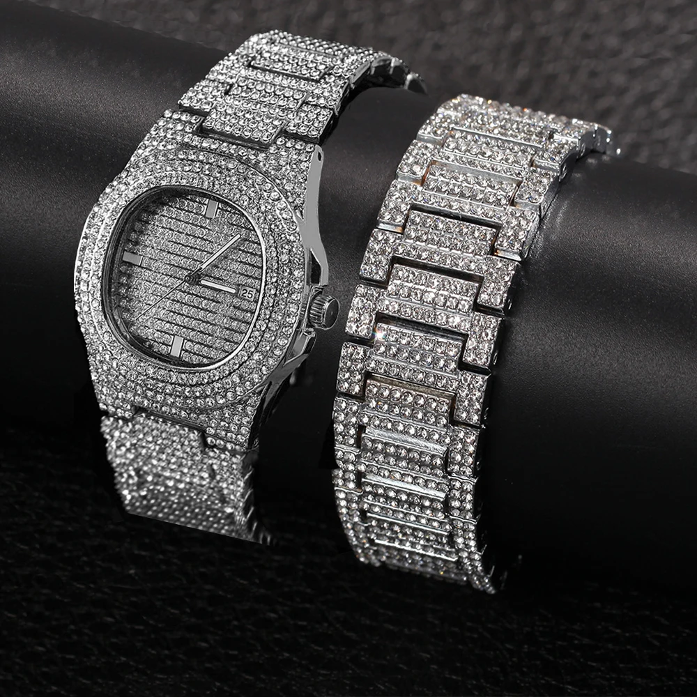 Hip Hop Men Bracelets Gold Color Bling Iced Out Crystal Miami Chain Gold Silver Men Watch + Bracelet Set Luxury Hip Hop New Jewe
Hip Hop Men Bracelets Gold Color Bling Iced Out Crystal Miami Chain Gold Silver Men Watch + Bracelet Set Luxury Hip Hop New Jewe
