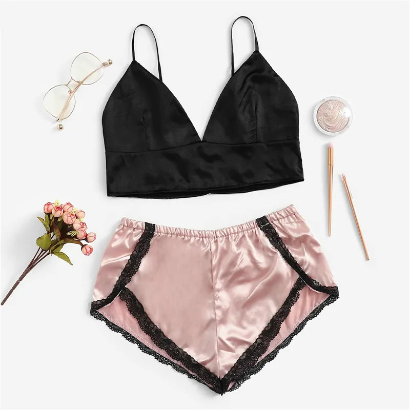 

Lace Trim Satin Bralette With Shorts Sexy Lingerie Sets 2019 Summer Satin Pajamas For Women Sleeveless Loungewear